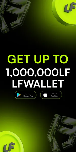 LF Wallet promotion offering up to 1,000,000 LF rewards with Google Play and App Store download options.