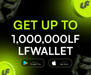 LF Wallet promotion offering up to 1,000,000 LF rewards with Google Play and App Store download options.