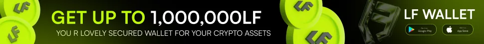 LF Wallet promotion offering up to 1,000,000 LF rewards with Google Play and App Store download options.